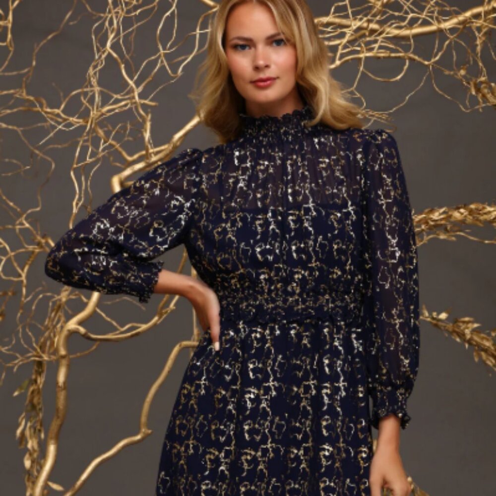 MAGGY LONDON Padma Long Sleeve Dress Navy Blue Gold SIZE 8